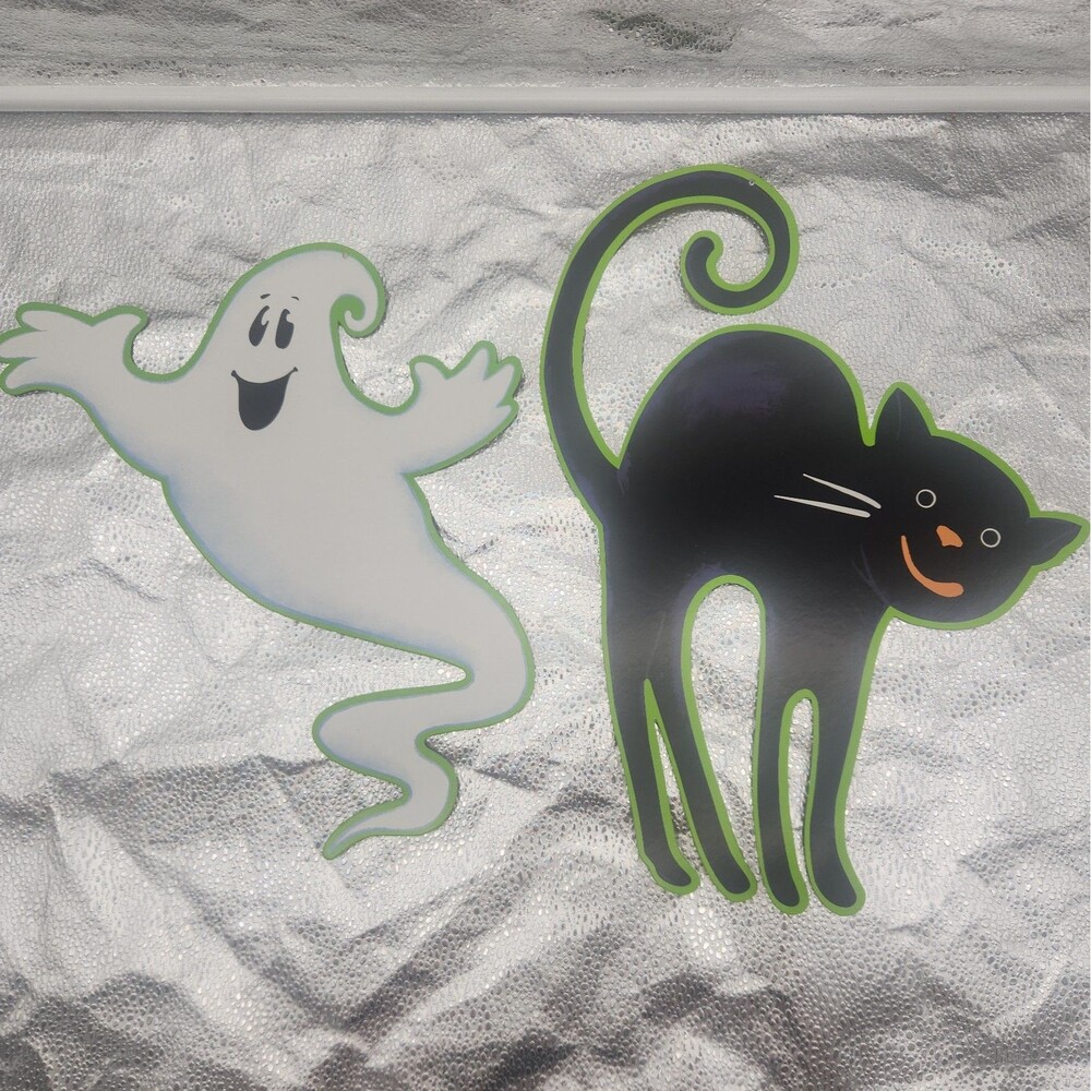 Die Cut Ghost & Cat Cartoon Neon Green Halloween Decoration Beistle Co 70s VTG
